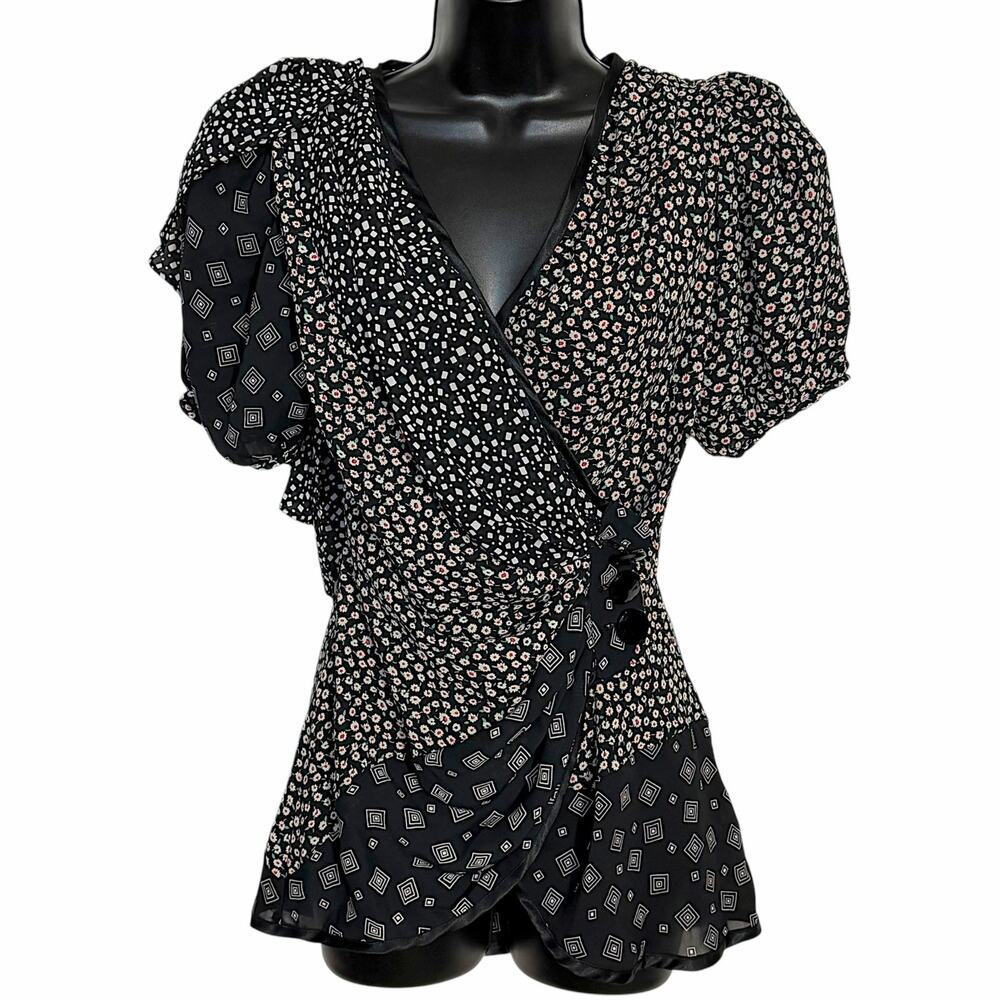 Vtg 80s does 40s Lorrie Kabala Attitudes Sheer Wrap Blouse Peplum Ruffle Top M